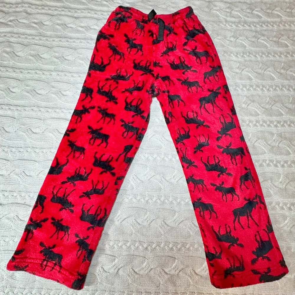 Red Moose Print Fluffy Pajama Pants #1037